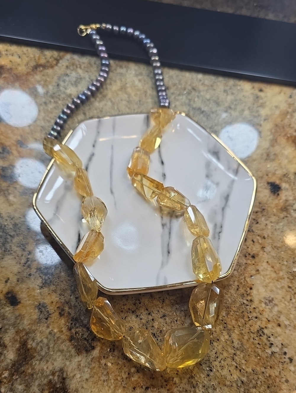 Yellow Citrine And Black Pearl Necklace